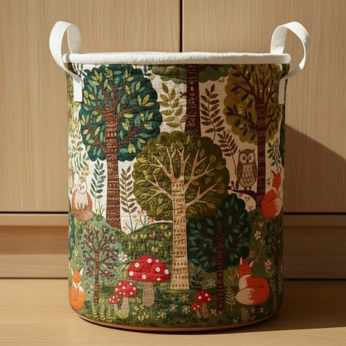 Woodland Animal Quilted Laundry Basket – Forest Storage Bin, Kids Room Fabric Hamper, Nursery Organizer, Rustic Woodland Decor. LBPETAL109