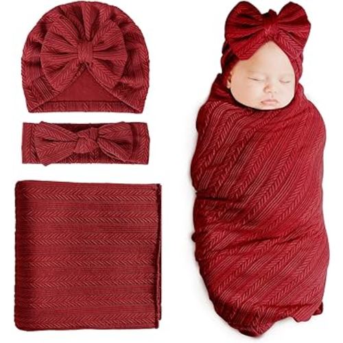 DRESHOW BQUBO Newborn Receiving Blanket Toddler Warm for Girls with Bow Hat and Bow Headband Shower Gift