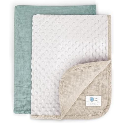 lulumoon Baby Blankets for Newborn Unisex: Thermal Minky Dotted Backing - Muslin Receiving Blanket for Baby Essential & Registry Gift 2Pack 30"x40"(IvorySage)