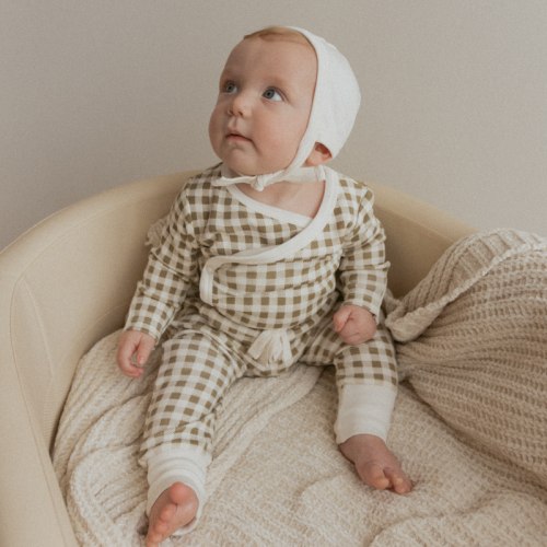 Organic Kimono Onesie & Pants Set - Olive Gingham