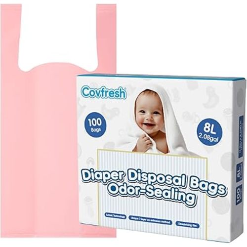 Odor Sealing Baby Diaper Disposal Bags - 100 Counts (8L) Unscented Diaper Trash Bags, Durable Large Capacity Diaper Sacks for Home & Baby Travel Use (Color:Pink)