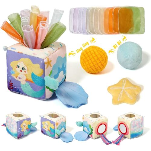 Youuys Baby Tissue Box Toy for Babies 6-12 Months - Montessori Sensory Busy Cube Toys with 3 Textured Balls & 12 Silky Scarves - Ideal Gift for Toddler Girls Ages 6 12 18 Months (Mermaid Theme)