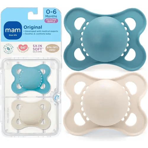 MAM Original Matte Baby Pacifiers 0-6 Months, Binky for Newborn Babies, BPA-Free Skin Soft Silicone Nipple, Easy to Clean, Developed with Medical Experts, 2 Count, With Sterilizer Case, Made in Europe