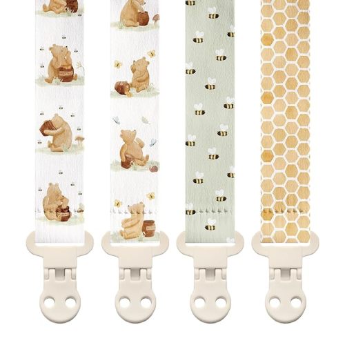 Stadela Baby Pacifier Clip Holder - Boy and Girl Unisex 4 Pack Gift Set – Vintage Classic Neutral Honey Winnie Bear and Bees Beige Yellow and Green