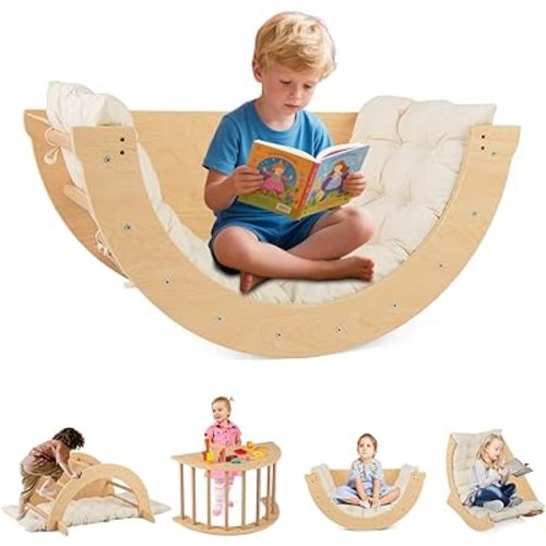 INFANS Wooden Arch Climber Rocker with Soft Cushion, 6 in 1 Montessori Climbing Toys for Toddlers, Waldorf Indoor Table Baby Children Ladder Gym Learning Playset for Kids (Natural with Desktop)