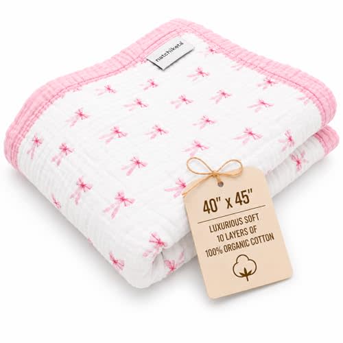 Organic Cotton Muslin Baby Blanket for Boys & Girls - Luxurious Soft Toddler Quilt for Swaddling - Gender Neutral Blanket - Baby and Toddler Gift - Pink Bows
