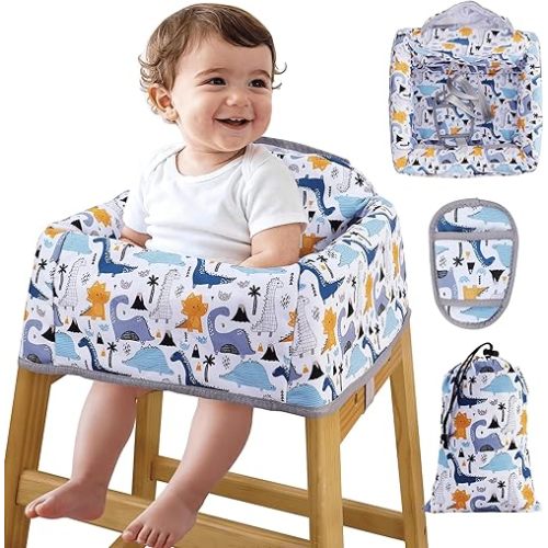 High Chair Cover Portable with 3-Point Harness, Waterproof Baby Seat Cover for Restaurant Travel Home Use, Machine Washable, Fits Wooden Chairs (Colorful Dinosaurs)