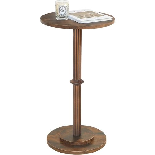 MaxSmeo Drink Table, Small Side Table for Small Spaces, Modern Round End Table with Fluted Wood Leg, Rustic Brown