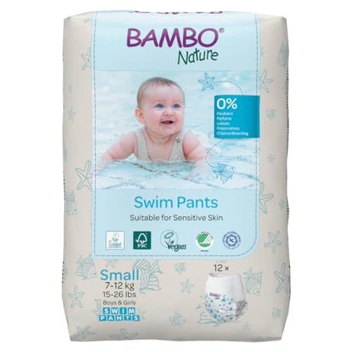 Bambo Nature Hypoallergenic Swim Pants, Eco-Labeled Swim Diapers, Double Leak Barriers - Small (12 Count)