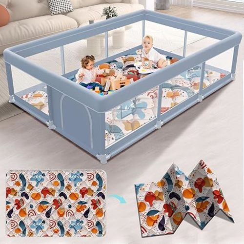 XVISHX 50 x 50 Inch Baby Playpen with Mat, Playpen for Babies and Toddlers, Baby Playard for Indoor & Outdoor Active Center Game Fence, with Skin-Friendly Fabric and Soft Breathable Mesh, Grey