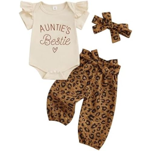 Aunties Little Bestie Baby Girl Clothes Newborn Bell Bottom Outfit 3Pcs Romper Pants Set Summer Leopard Outfit