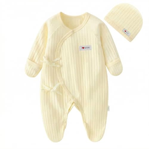 Newborn Baby Unisex Onesie 0-3 Months, Cotton Ribbed Long Sleeve Clothes, Baby Boy's & Girls' Footies With Hat