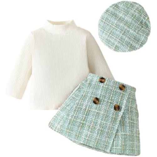 Baby Girl Outfits Set 3pc Plaid A-line Skirt+Long Sleeve Knitwear Tops+cap Fall Winter Set 0-3 Years