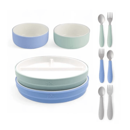 Kids Porcelain Mealtime Bundle | Normal Sleeves | 7.8" Plates, Bowls + Toddler Utensils | 10 Pcs | Sage/MistyBlue