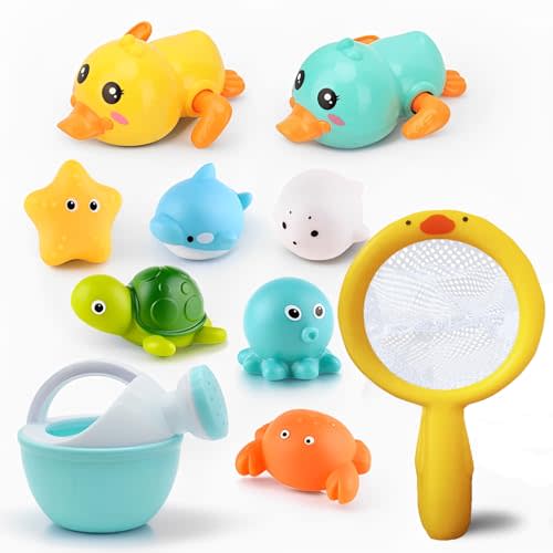 Bath Toys for Babies 6-12+ Months, Wind-up Ducks Bath Toys for Kids Ages 1-3, No Hole Baby Bath Toy Ocean Animal Floating Pool Toys for Toddlers, Water Toys Fishing Net Watering Can