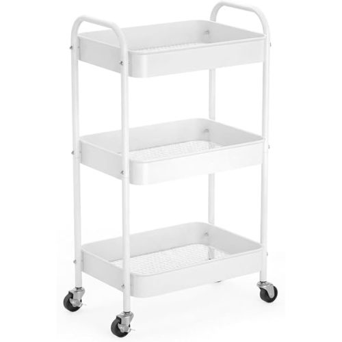 White 3-Tier Rolling Utility Cart with Lockable Wheels, Metal Storage Organizer Trolley for Kitchen, Bathroom, Office, Nursery & Art Supplies, Heavy Duty Multi-Purpose Mesh Wire Shelves, Easy Assembly