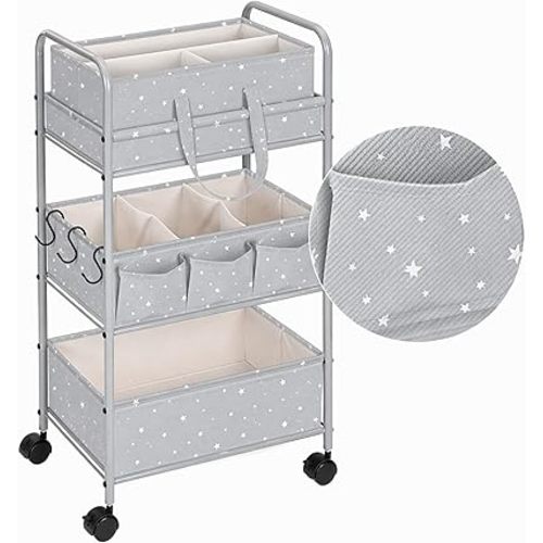 Yookeer 2in1 Baby Diaper Caddy Organizer Cart 3 Tier Large Capacity Metal Utility Bedside Rolling Cart with Divider Newborn Registry Gift Nursery Essential Must Have Bedroom Baby Shower(Gray,Star)
