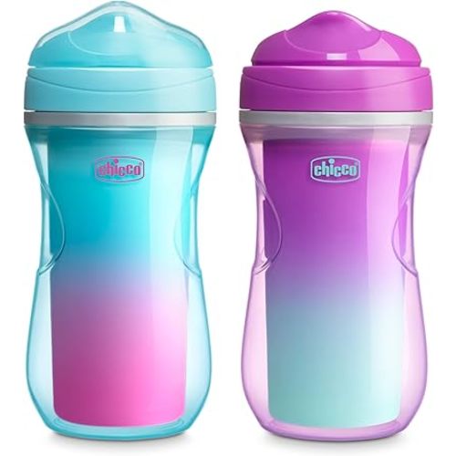 Chicco Double-Wall Insulated Sippy Cup with Bite-Proof Rim Spout and Spill-Free Lid 9oz.| Top-Rack Dishwasher Safe | Easy to Hold Ergonomic Indents | Pink/Teal/Purple Ombre, 2pk| 12+ Months