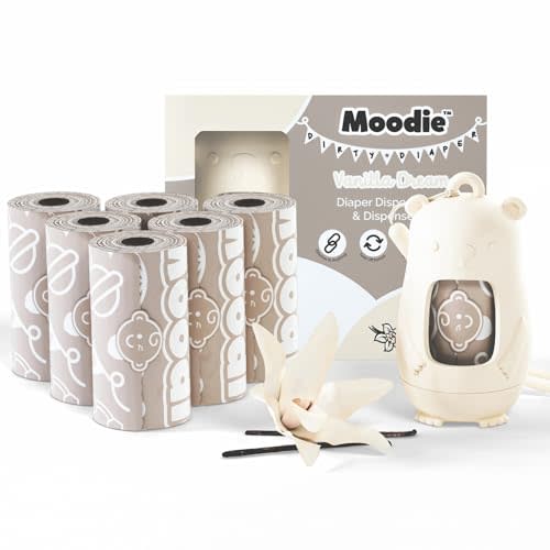 Moodie Disposable Diaper Bags Dispenser COMBO PACK | 105 VANILLA SCENTED Baby Poop Bags TOTAL | Dirty Diaper Trash Bags | Diaper Bags Disposable (VANILLA DREAM)