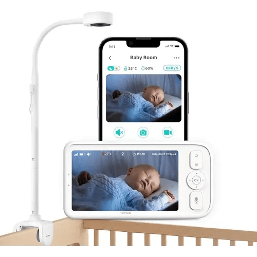 Baby Monitor with Camera and Audio, 5’’ Screen & App, 2.4GHz WiFi Secure Link, Sleep Tracking, Cry Detection, Night Vision, Temp & Humidity Monitor, 2-Way Talk, 5GB Cloud Storage, 4-in-1 Mount