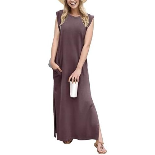 GRECERELLE 2025 Women Year-Round Casual Round Neck Loose Split Wrinkle-Free Long Maxi Vacation Dress with Pockets (XS-3XL)