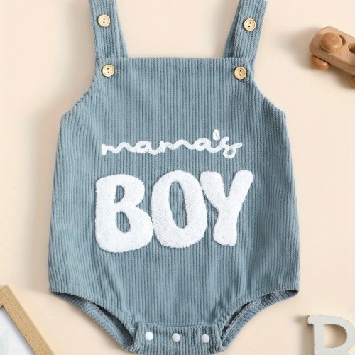 Boy's "Mama's Boy" Embossed-Look Lettering Romper - Short Sleeve Snap-Fit Outfit with Belt, Clothes for, Gender Reveal & Casual Attire, Machine Washable, Perfect for Outdoor
