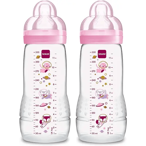 MAM Easy Active Baby Bottles 11oz, Fast Flow Skinsoft Silicone Nipple with Wide Neck Ergonomic Design, Easy to Hold, BPA-Free, Bottles with Leak-Proof Caps for 4+ Months Baby