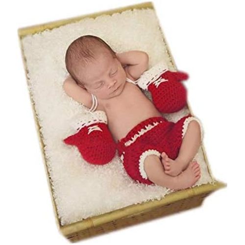 Coberllus Newborn Baby Photography Props Outfit Crochet Knit Boxing Champion Gloves Pants Set for Boys Girls Photoshoot