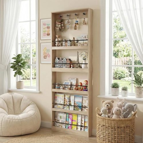 holzart Tall Wall Mounted Bookshelf with Hooks, 71.2" Narrow Behind The Door Organizer, Space-Saving Wooden Magazine Rack Display Shelf for Entryway, Living Room, Home Office, Oak