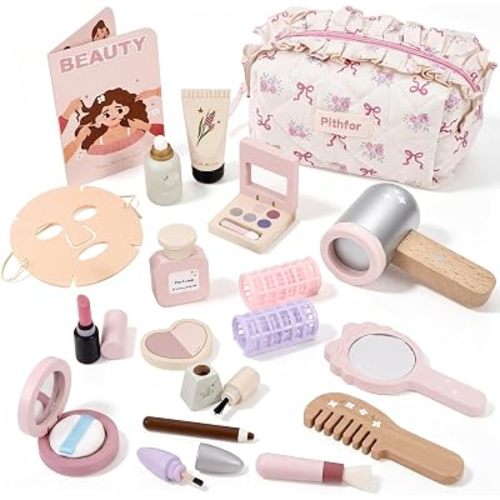 Wooden Pretend Play Makeup Kit for Toddlers Kids 3 4 5 6 7