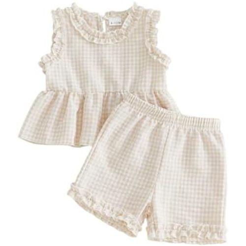 Toddler Baby Girl Summer Outfits Plaid Ruffle Sleeveless Shirt Tank Dress Top and Shorts Summer Clothes Set 2 Piece