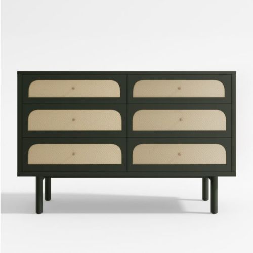 Maren Olive Green and Cane Wood 6-Drawer Dresser