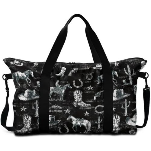 Western Horse Print Travel Duffel Tote Bag Foldable Carry On for Women, Cactus Cowboy Boots Pattern Lightweight Gym Bags for Sport, Road Trip