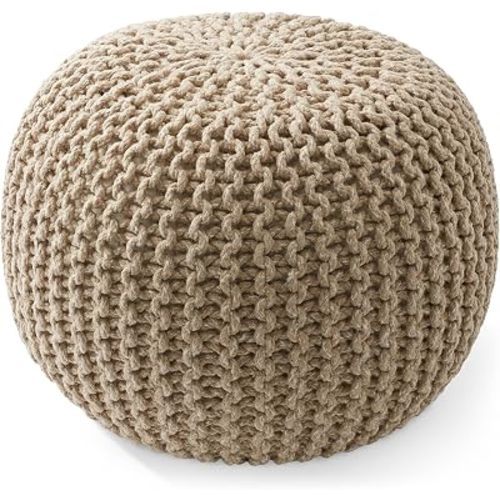 Casafield Round Pouf Ottoman, Beige Ivory - 20" Diameter x 14.5" High Cotton Knit Foot Stool - Boho Floor Pouffe for Living Room, Bedroom, Home Office
