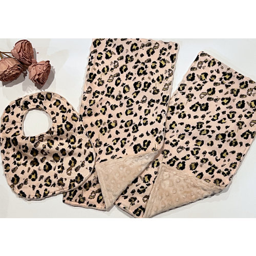 Pink leopard gold baby to toddler Bib & burp cloth set made in leopard cotton print with minky back, personalized baby shower gift