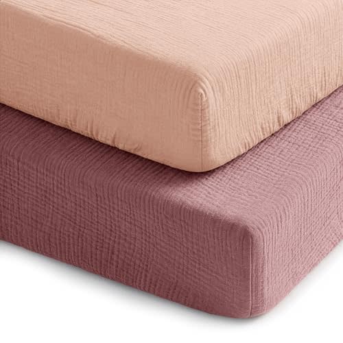 Comfy Cubs 100% Muslin Crib Fitted Sheet 2 Pack, Mauve and Blush - 100% Cotton, Soft & Breathable Crib Sheets for Toddler Mattress - Snug Fit, Secure Elastic with Beautiful Packaging