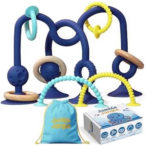 JoySprout Jumble Jangle Baby Teething Toys – Suction Cup High Chair Toys for Babies 6-12 Months | BPA-Free Baby Suction Toy for Highchair Tray, Table, Sensory Play, Teething Relief Essentials
