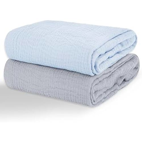 2 Pack Muslin Swaddle Blankets for Baby, 100% Cotton 40x40 Inches - Elegant Light Blue & Misty Blue, Soft Breathable Newborn Swaddle for Infants/Toddlers, Multi-Use Receiving Blanket