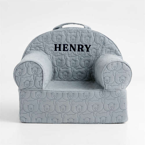 Personalized Small Mist Blue Organic Cotton Quilted Bear Kids Lounge Nod Chair