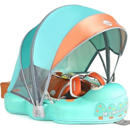 Mambobaby Non-Inflatable Baby Pool Float with Tail and Canopy UPF 50+ Sun Protection No Flip Over Infant Swim Float Skin-Friendly Mambo Float Swim Trainer Solid Baby Swimming Ring