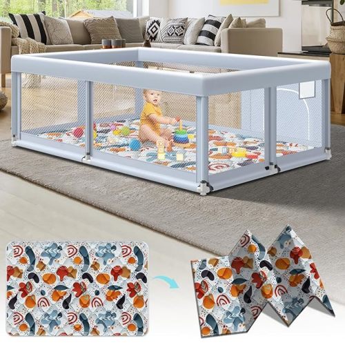 65" ×50" Large Baby Playpen with Mat, Baby Playard for Babies and Toddlers, Play Pens for Indoor & Outdoor, Sturdy Safety Play Yard with Soft Breathable Mesh, Anti-Fall, Grey
