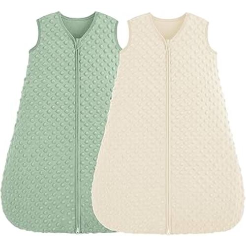 FIEMOL Fleece Baby Sleep Sack 0-6 Months, 1.5 TOG Cotton Baby Wearable Blanket With Soft Plush Dots, 2 Pack Newborn and Infant Warm Sleeping Sack with 2-Way Zipper Beige&Green