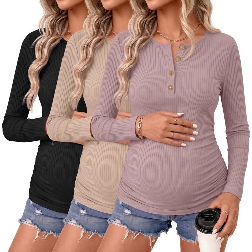 Ficerd 3 Pack Women's Maternity Long Sleeve Shirts Pregnancy Top