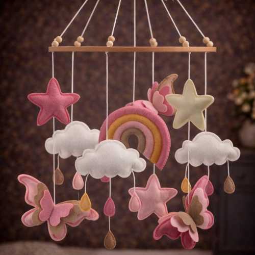 Rainbow Baby Crib Mobile with Butterflies Clouds and Stars, Girl Nursery Decor