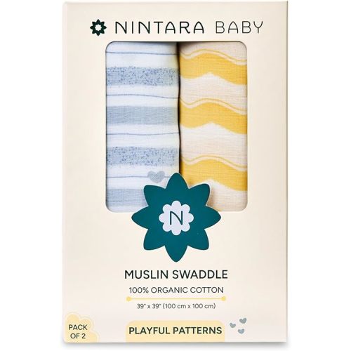 Swaddle - 100% Organic Premium Muslin Cotton, 39" x 39", Ultra-Soft, Breathable & Lightweight, Multipurpose, Unisex, Hypoallergenic, Gifts for Newborn Babies, Pack of 2