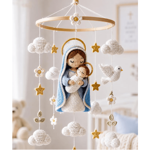 Crochet Virgin Mary Baby Mobile, Catholic Nursery Mobile, Christian Crib Decor, Our Lady Baby Shower Gift