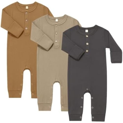 Bafeicao Baby Boy Girl 3 Pack Solid Romper Ribbed Cotton Long Sleeve Jumpsuit Infants Outfits Clothes with Mitten Cuffs