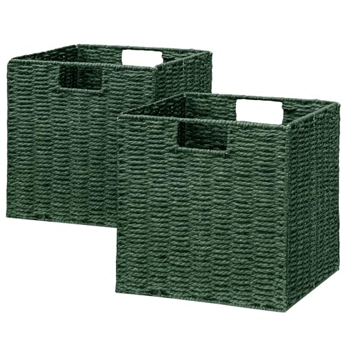 Vagusicc Wicker Storage Basket, Set of 2 Hand-Woven Paper Rope Wicker Basket, Foldable Cube Storage Bins, 9 inch Square Storage Baskets for Organizing Shelves & Decor, Green (9″×9″×9″)