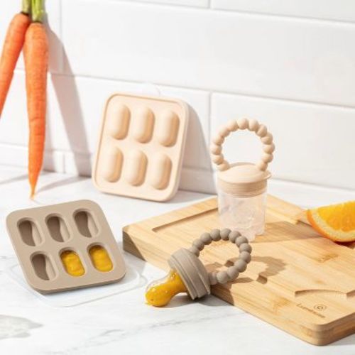 Silicone Baby Fruit Feeders with Freezer Tray for Batch Prep, Set of 2 Safe & Convenient, Includes Extra Pouches & Travel Lids, Dishwasher Safe, Tan