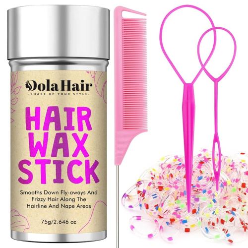 Dolahair Hair Wax Stick & Accessories - Flyaway Control for Kids & Women, 50 Pcs Colorful Elastic Hair Bands, 1 Pcs Slick Back Hair Brush, 2 Hair Loop Styling Tools (Pink)